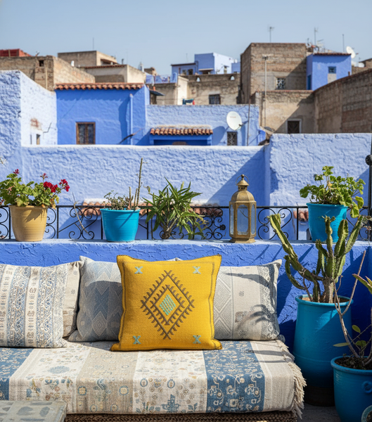 Moroccan Sabra Silk Cushion Golden Yellow on Chefchaouen Rooftop