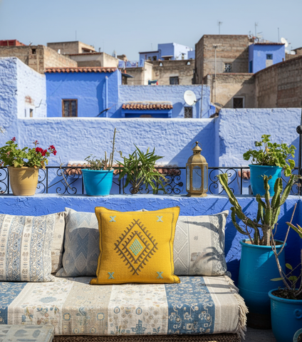 Moroccan Sabra Silk Cushion Golden Yellow on Chefchaouen Rooftop