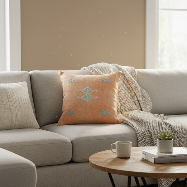 Moroccan Sabra Silk Cushion Light Orange Cozy Setting