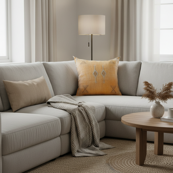 Moroccan Sabra Silk Cushion Light Orange Cozy Setting