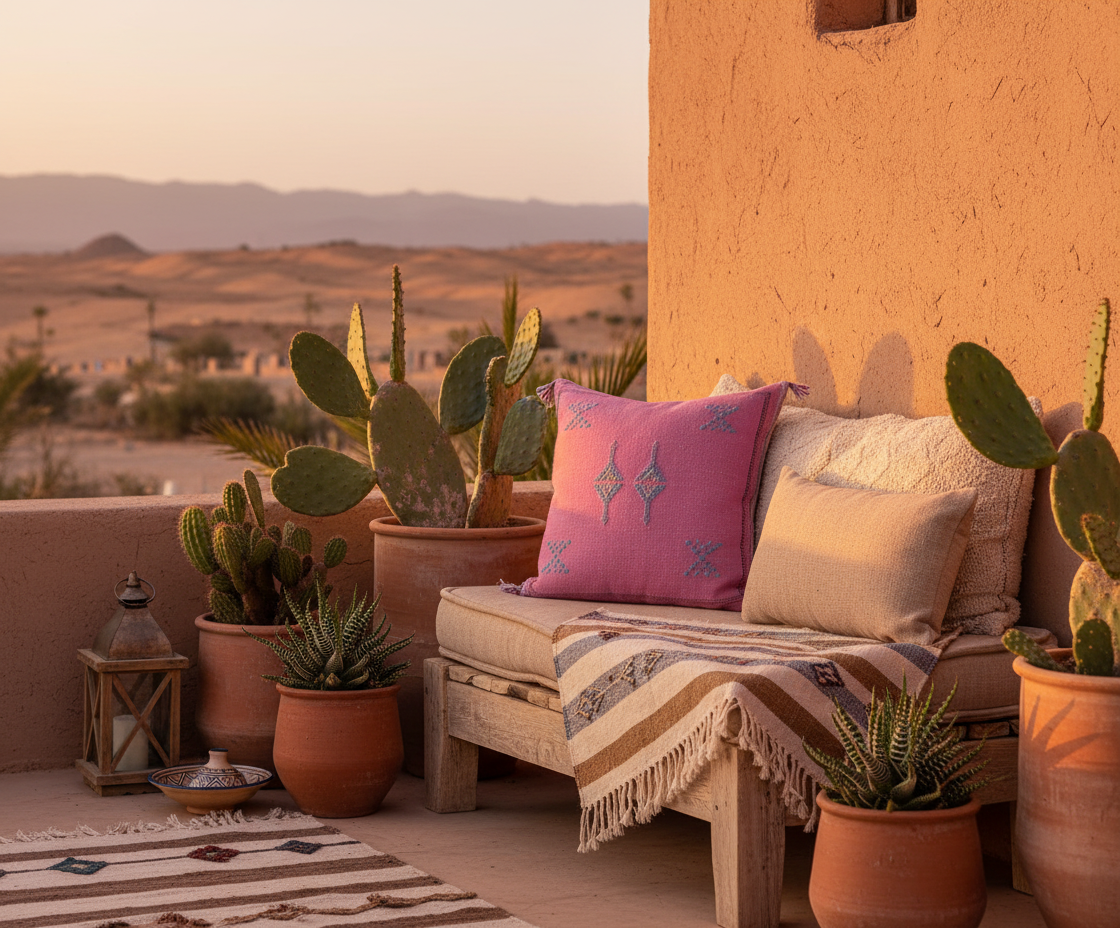 Handmade Moroccan Cushion – Sabra Cactus Silk Pillow Imran - Pink