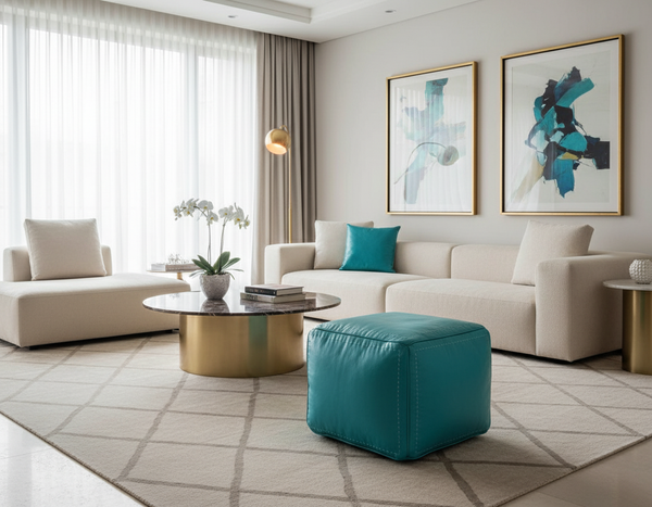 Moroccan Turquoise Leather Pouf - Salwa