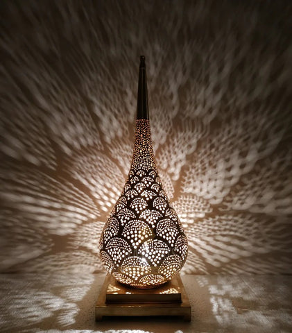 Moroccan Brass Table Lamp in Drop Format - Peafowl