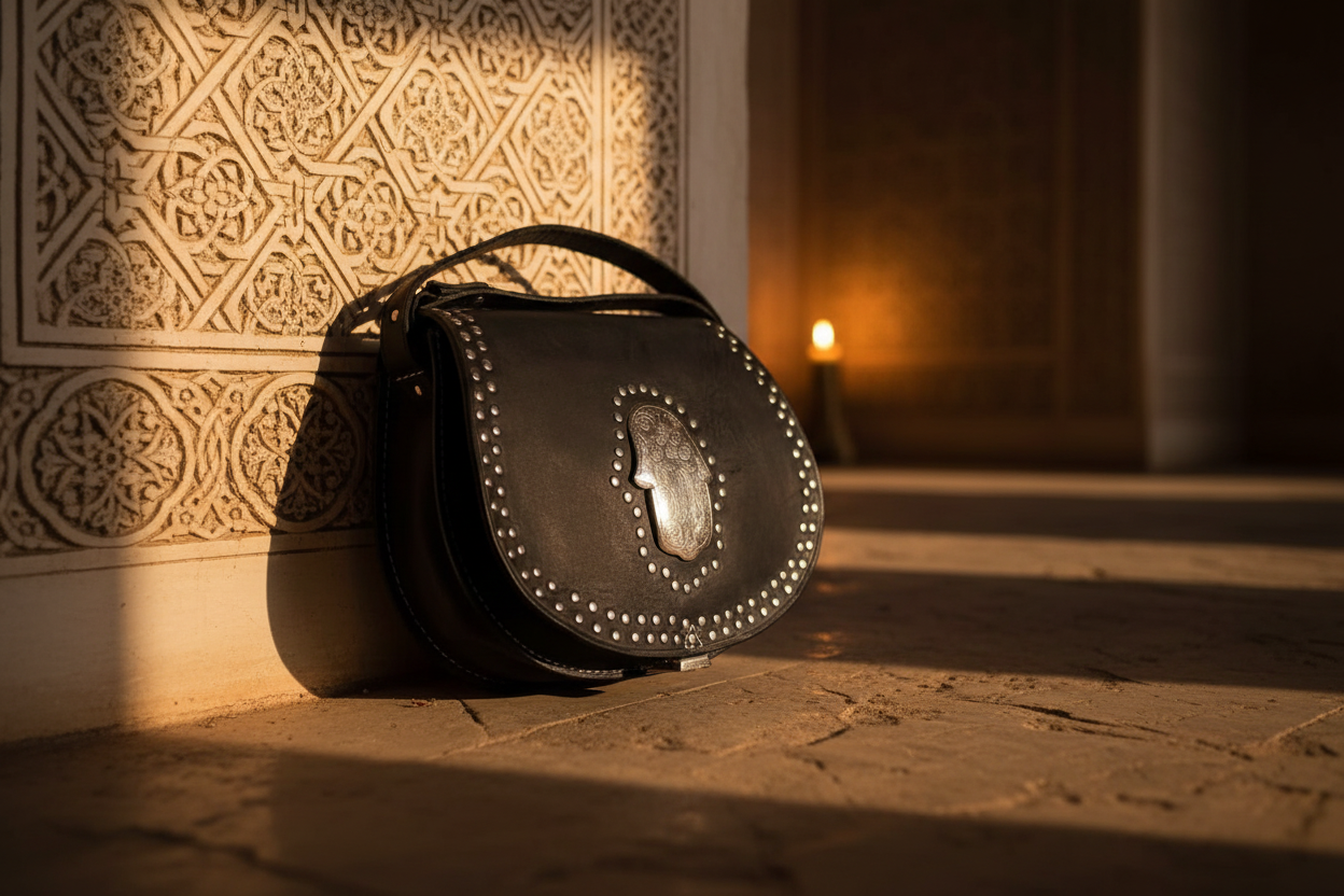Morocco Gypsy Leather Bag - Hamsa Médaillon - Black