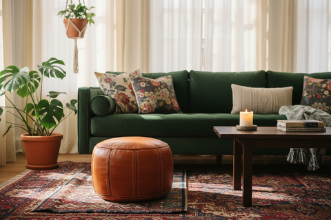 A cozy living room scene featuring a deep green velvet sofa with floral throw pillows, a round brown leather pouf, a dark wood coffee table with a lit candle, and a patterned area rug on a light wood floor.