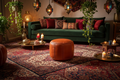 A cozy bohemian living room scene featuring a dark green velvet sofa with red and patterned pillows, a round brown leather pouf in the foreground, a large red and navy patterned oriental rug, and hanging lantern lights.