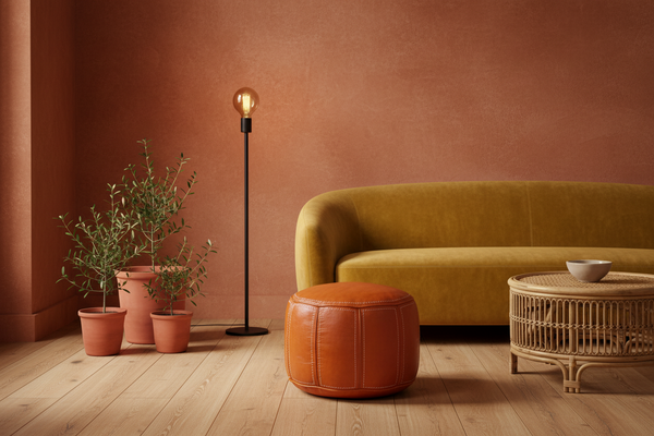 A styled interior scene with a mustard yellow curved sofa, a round brown leather ottoman, a black floor lamp, potted plants, and a round woven coffee table against a terracotta-colored wall and light wood floor.