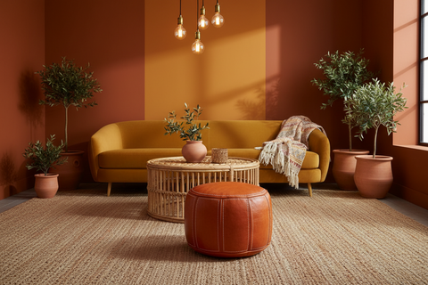 A styled living room scene with a mustard yellow sofa, round woven coffee table, orange-brown leather pouf, potted plants, textured rug, and warm terracotta walls under hanging bulbs.