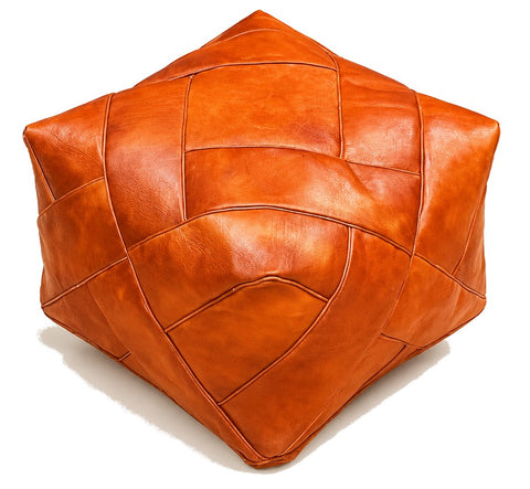 Moroccan Leather Ottoman - ZIGZAG Design - Orange