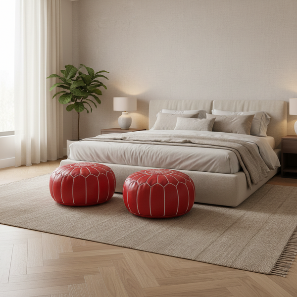 Pair of Red Moroccan Ottomans in Bedroom