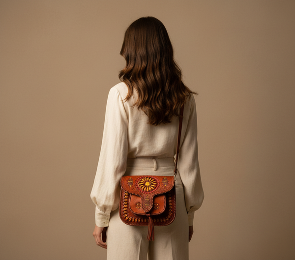 Professional model showcasing LSSAN Orange Embroidered Moroccan leather bag