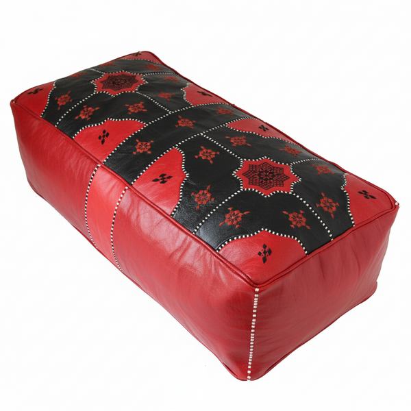 Moroccan Leather Pouf / Ottoman - Rectangular - Tile Design - Red and Black