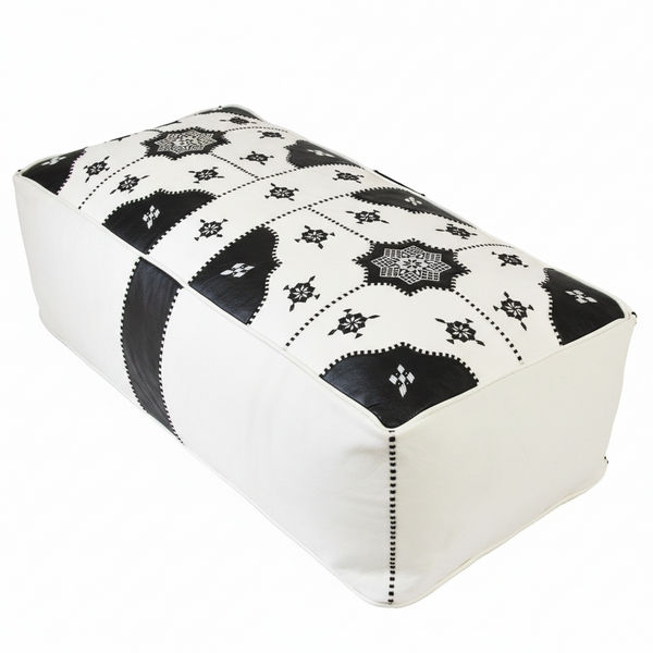 Moroccan Leather Pouf / Ottoman - Rectangular - Tile Design - White and Black