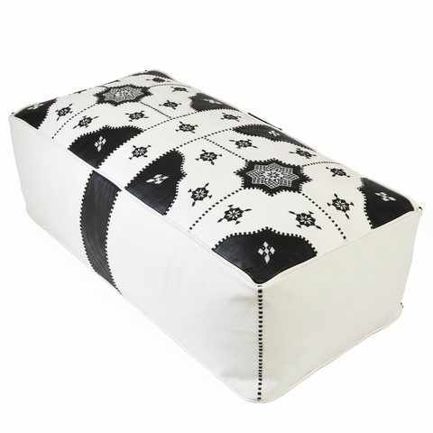 Moroccan Leather Pouf / Ottoman - Rectangular - Tile Design - White and Black