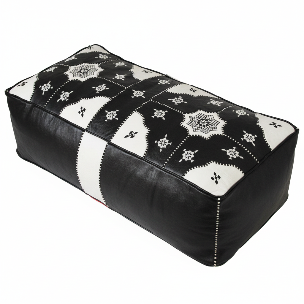 Moroccan Leather Pouf / Ottoman - Rectangular - Tile Design - Black and ...
