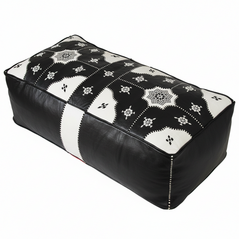 Moroccan Leather Pouf / Ottoman - Rectangular - Tile Design - Black and White