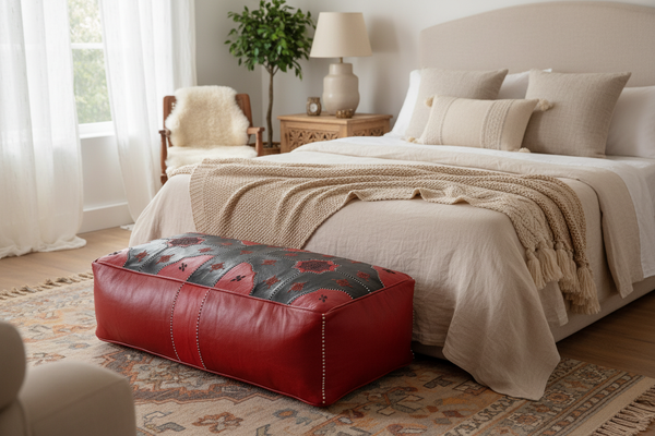 Red and black ottoman in bedroom
