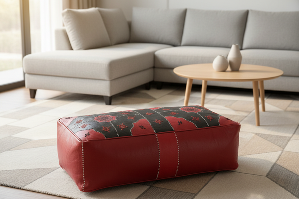Red and black ottoman in living room