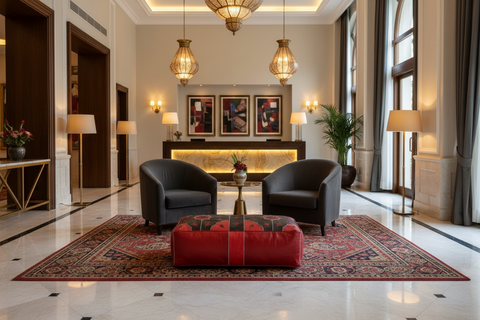 Red and black ottoman in lobby