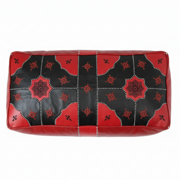 Moroccan Leather Pouf / Ottoman - Rectangular - Tile Design - Red and Black