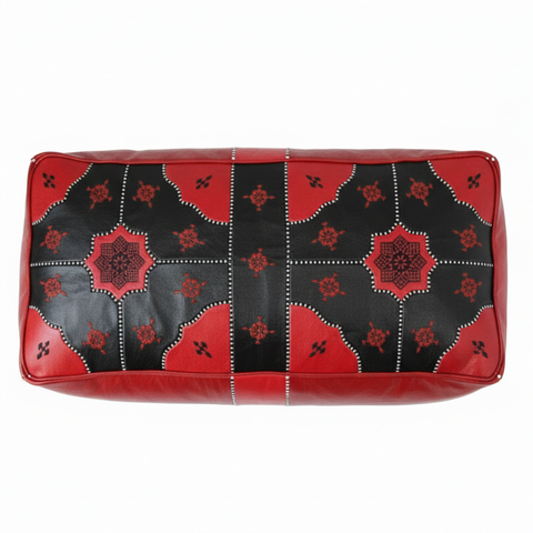 Moroccan Leather Pouf / Ottoman - Rectangular - Tile Design - Red and Black