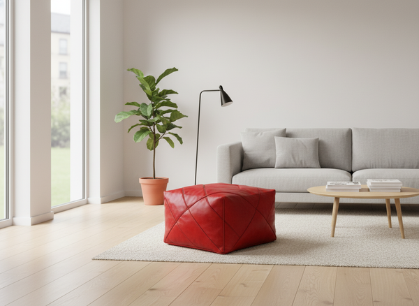 Red Moroccan Leather Ottoman - Modern Minimalist