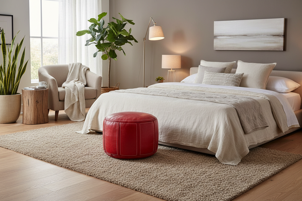 Red Moroccan Leather Pouf in Bedroom