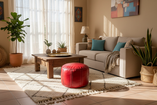 Red Moroccan Leather Pouf in Living Room