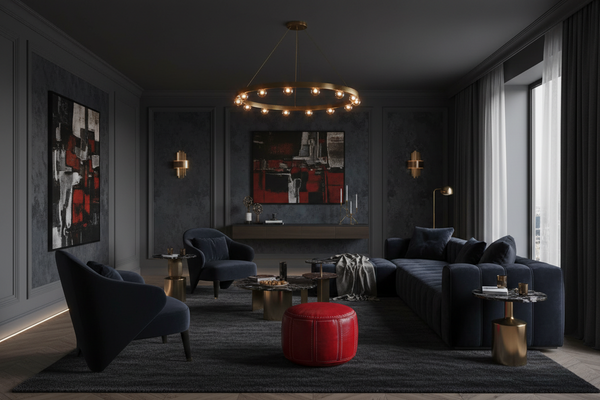 Modern dark-themed living room with a chandelier, sofa, and abstract art.