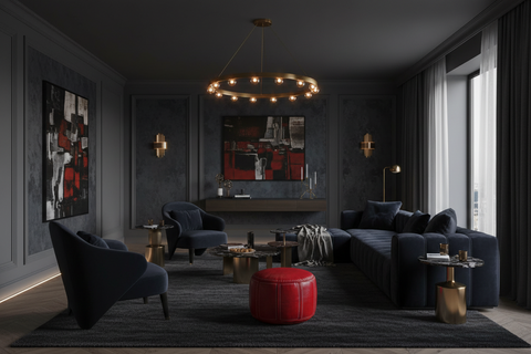 Modern dark-themed living room with a chandelier, sofa, and abstract art.