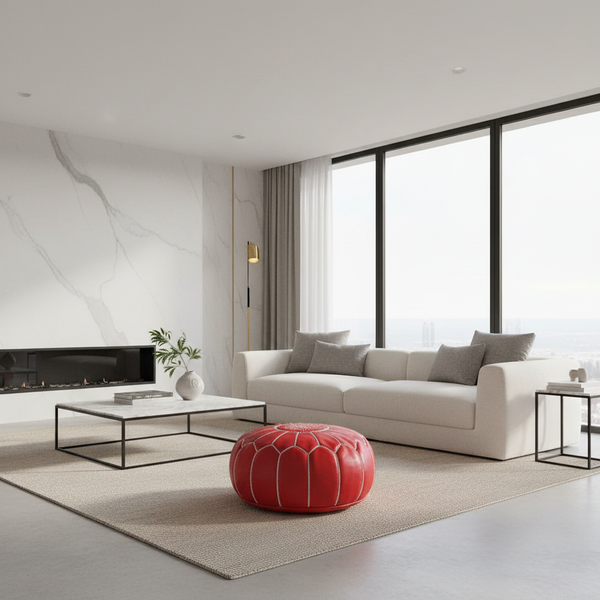 Red Moroccan Ottoman in Minimalist Luxurious Living Room
