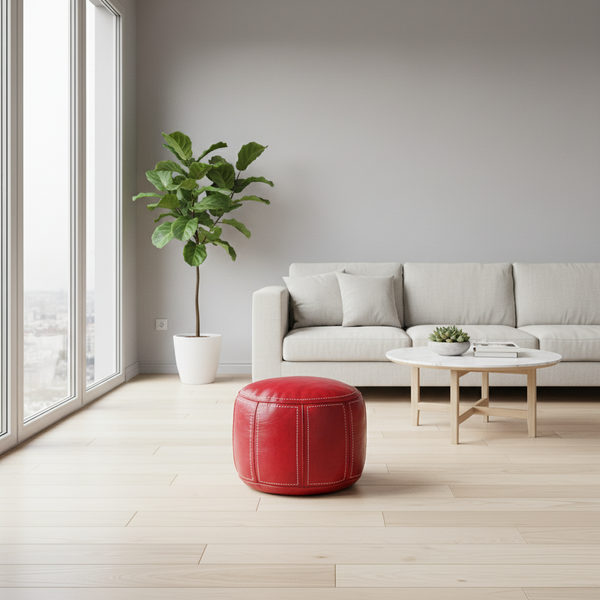 Round Red Leather Pouf - Modern Setting