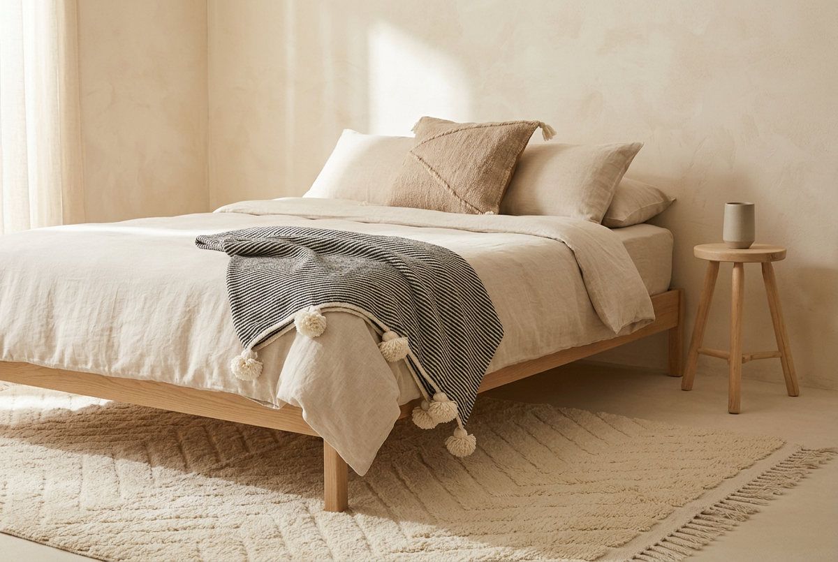 Scandinavian bedroom with an ivory Chevron rug, finely striped Chafak blanket with white pom poms and a beige Zanafi cushion on ecru bedding.