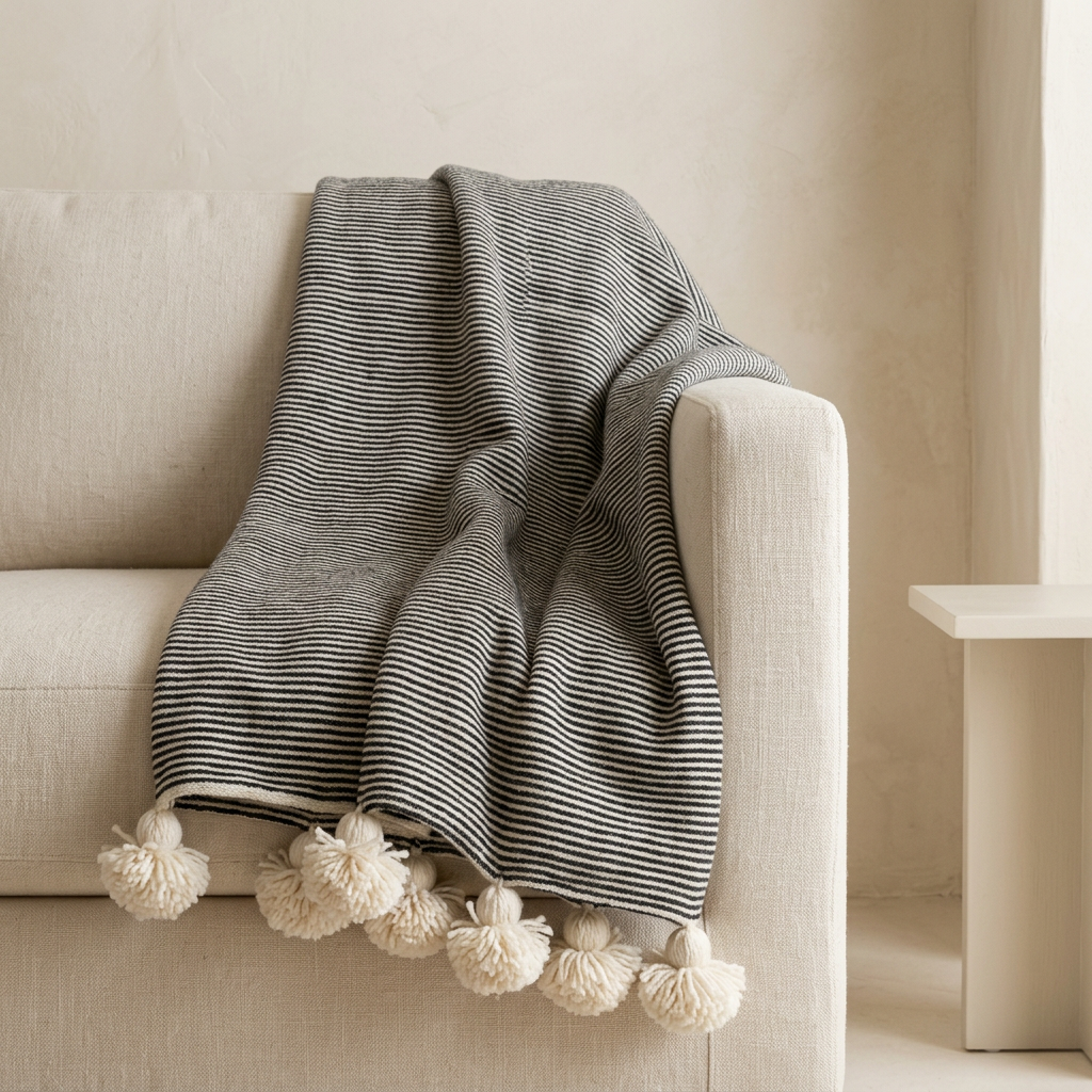 Folded Chafak wool blanket with fine black and white stripes and white pom poms.
