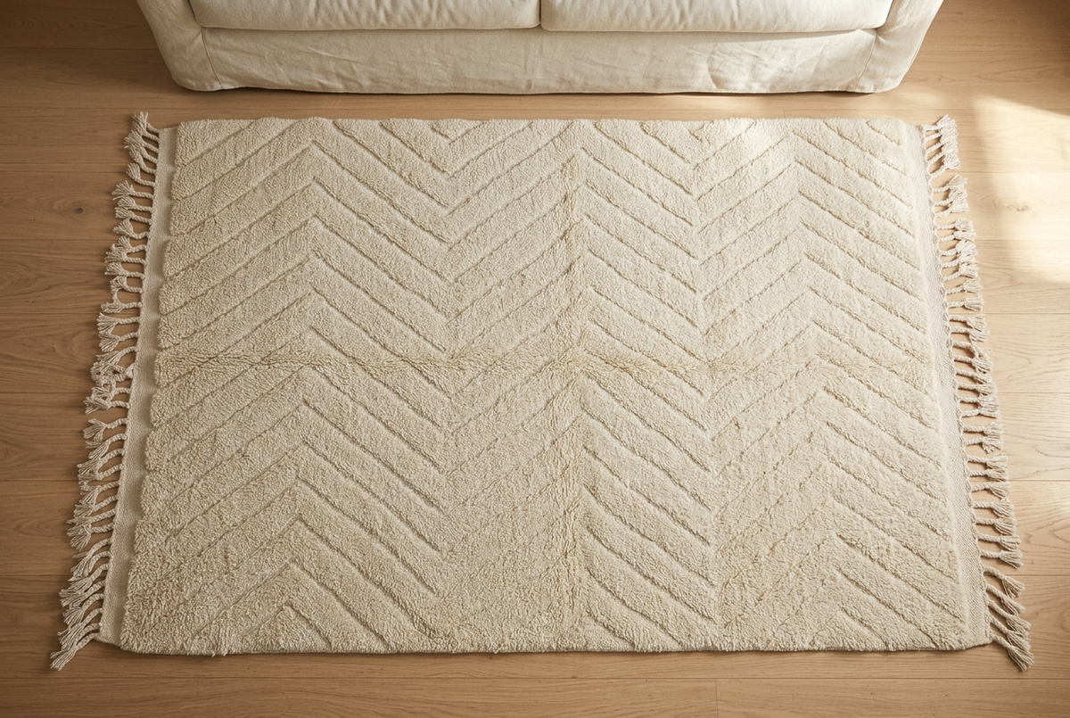 Ivory chevron wool rug, white Moroccan leather pouf and black striped Mendil throw in a warm living room with an ecru sofa and light wood furniture.