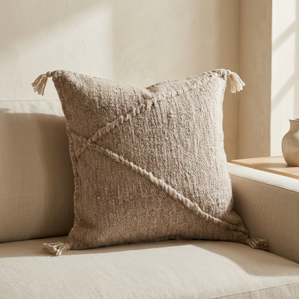 Beige Zanafi cushion with tonal raised geometric lines and corner tassels on an ecru linen sofa in a Scandinavian and Japandi interior.