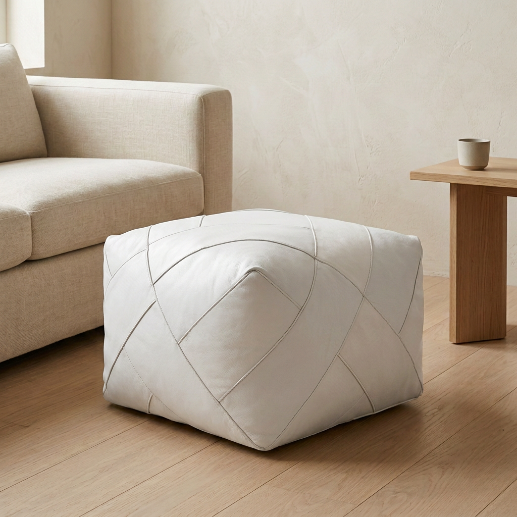 White Zigzag leather ottoman with angular folded panels and intersecting seams beside an ecru sofa and a light wood table.