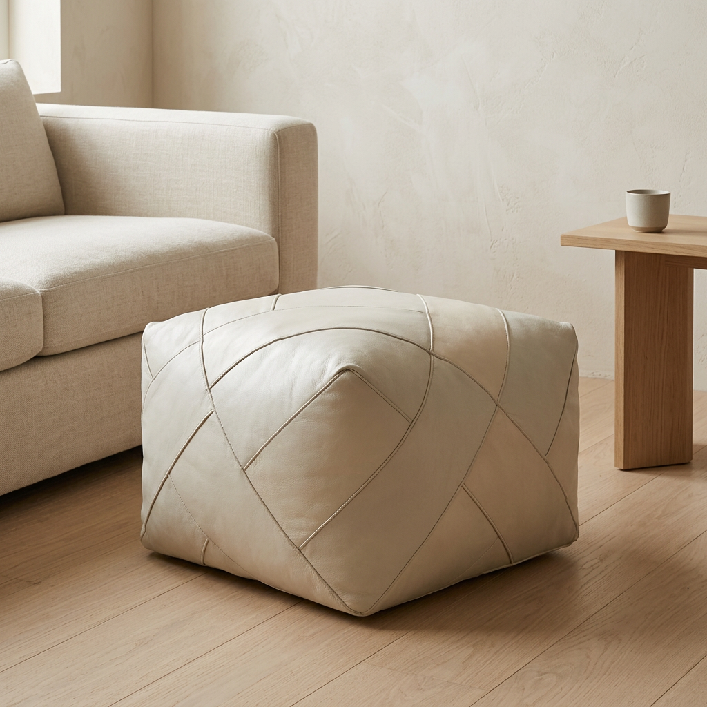 White Zigzag leather ottoman with angular folded panels and intersecting seams beside an ecru sofa and a light wood table.