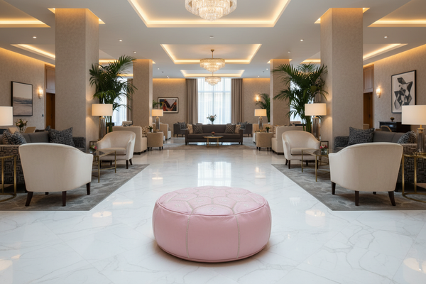 Soft pink leather ottoman in hotel lobby - 35" diameter