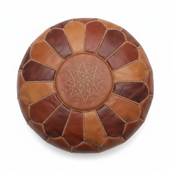 Tan Embossed Moroccan Leather Pouf - Top View