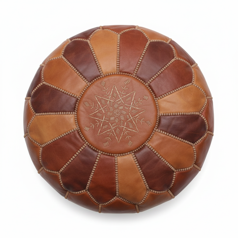 Tan Embossed Moroccan Leather Pouf - Top View