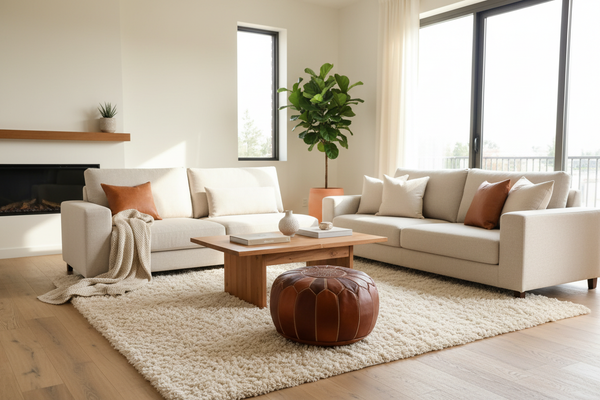 Tan Embossed Moroccan Pouf in Living Room