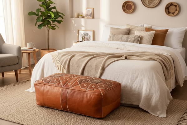 Tan ottoman in bedroom