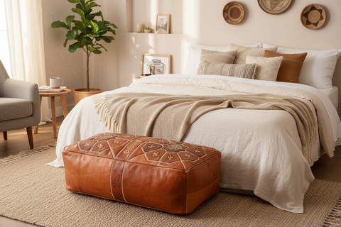 Tan ottoman in bedroom