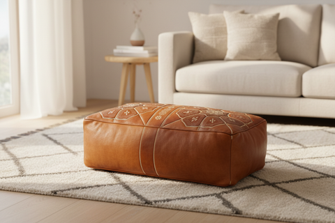 Tan ottoman in living room