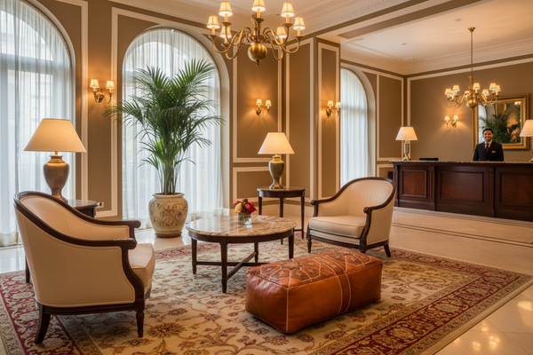 Tan ottoman in lobby