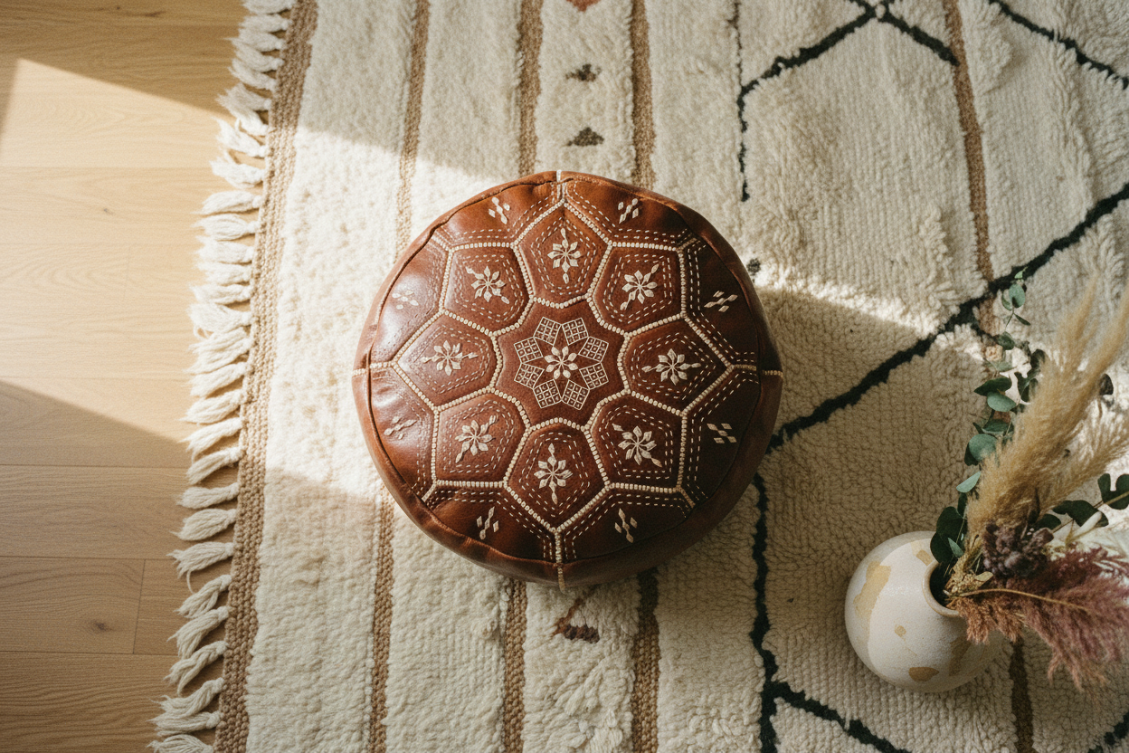 Moroccan Leather Tile Ottoman - Tan