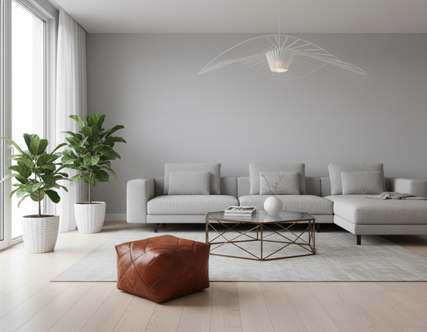 Tan Zigzag Leather Ottoman in Modern Living Room