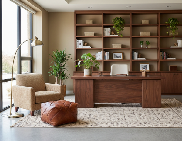 Tan Zigzag Leather Ottoman in Office
