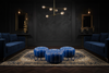 Three Majorelle Blue Ottomans in Dark Decor - Triangle Formation